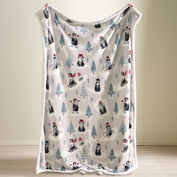Valge jõulumotiiviga tekk 170x130 cm Christmas Sherpa Penguins - Catherine Lansfield-image-1