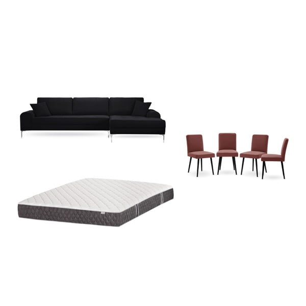 Set černé pohovky s lenoškou vpravo, 4 cihlově červených židlí a matrace 160 x 200 cm Home Essentials