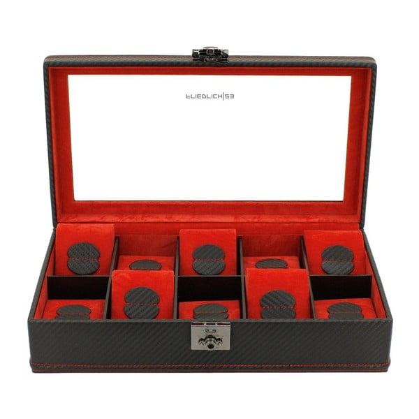 Černo-červený box na 10 hodinek Friedrich Lederwaren Carbon