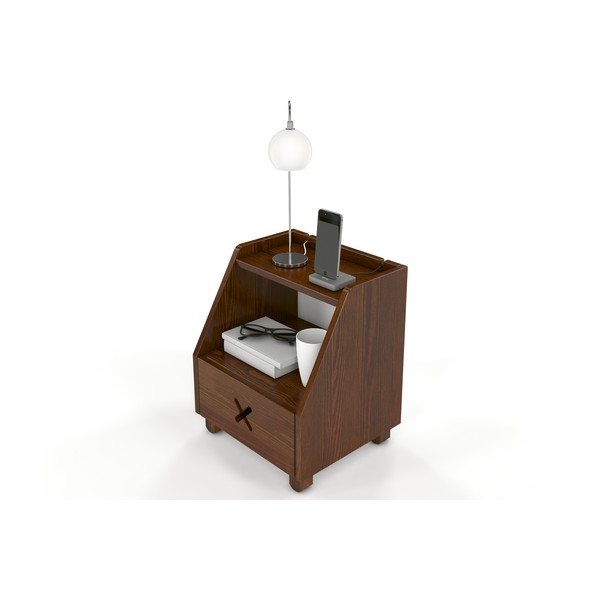 Noční stolek z borovicového dřeva se zásuvkou a policí v ořechovém dekoru Skandica Visby Ustka-image-2