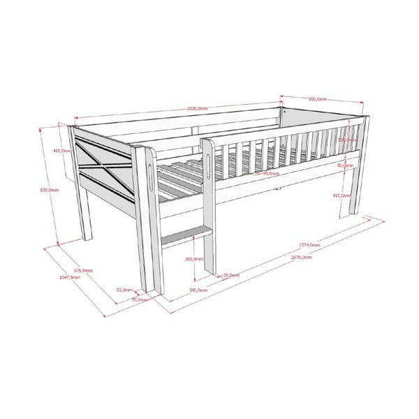 Valge kõrge männi täispuidust lastevoodi koos voodipõhjaga 90x200 cm Scott – Vipack-image-2