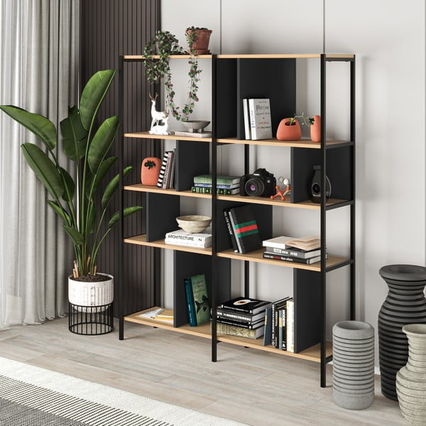 Tammedekooriga raamaturiiul must-puiduvärvi 144x175 cm Alabama - Marckeric-image-4