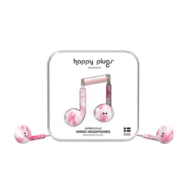 Růžová sluchátka s potiskem Happy Plugs Earbud