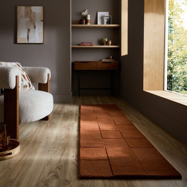 Käsitsi kootud villane vaip terrakota värvi 60x230 cm Checkerboard - Flair Rugs-image-1