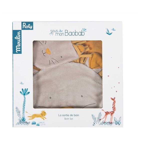 Kollane puuvillane beebirätik komplekt kapuutsiga ja pesulapp 80x114 cm Sous mon Baobab - Moulin Roty-image-3