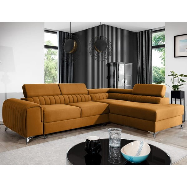 Kollane sametist lahtikäiv/sahtliga nurgadiivan (parem nurk/L-kujuline) Laurence – ELTAP-image-1