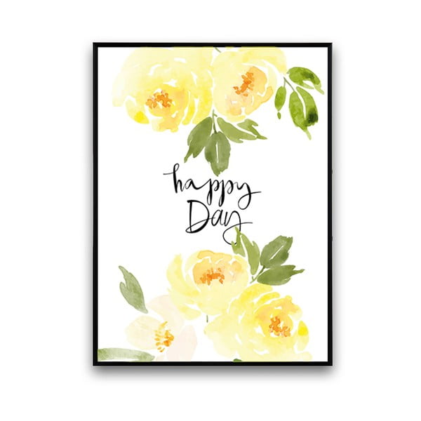Plakát se žlutými květinami Happy Day, 30 x 40 cm