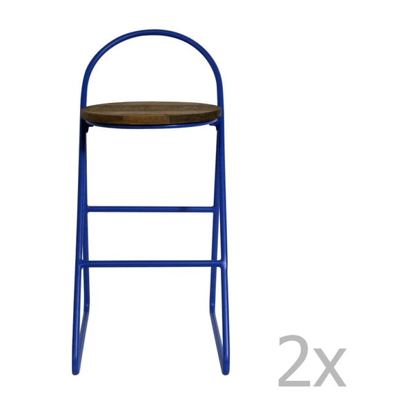 Sada 2 barových stoliček s jilmovým dřevem a modrou kovovou konstrukcí Red Cartel Duke, výška 78 cm
