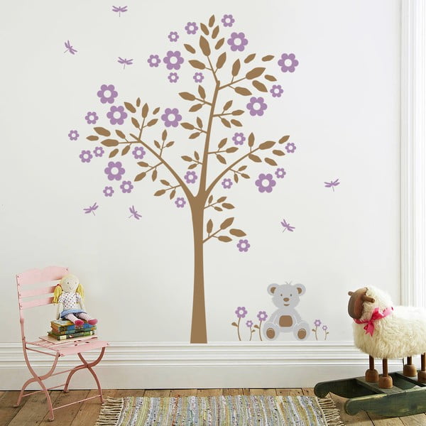 Samolepka na stěnu Strom a medvídek, fialová - 2 archy, 70x50 cm