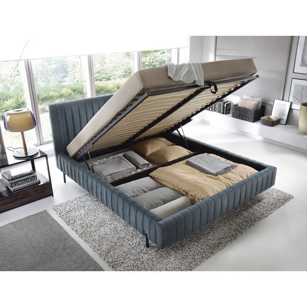 Sinine polsterdatud kaheinimesevoodi koos panipaiga ja voodipõhjaga 140x200 cm Plissa - ELTAP-image-2