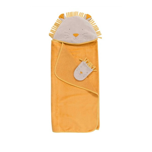 Kollane puuvillane beebirätik komplekt kapuutsiga ja pesulapp 80x114 cm Sous mon Baobab - Moulin Roty-image-2