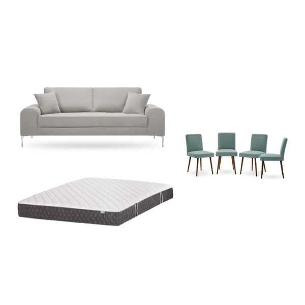 Set třímístné světle šedé pohovky, 4 šedozelených židlí a matrace 160 x 200 cm Home Essentials