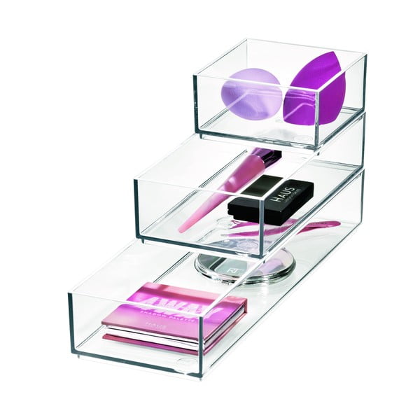Taaskasutatud plastist vannitoa korraldajad kosmeetikatoodete jaoks 3 komplektis Stack & Slide - iDesign