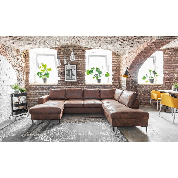 Pruun U-kujuline diivanvoodi kunstnahast Vintage, paremas nurgas Lofty Lilly - Miuform-image-1