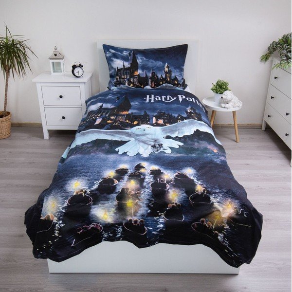 Tumesinine/hall mikrokiust laste voodipesu üheinimesevoodile 200 × 140 cm Harry Potter „Hogwarts Night“ – Jerry Fabrics-image-1