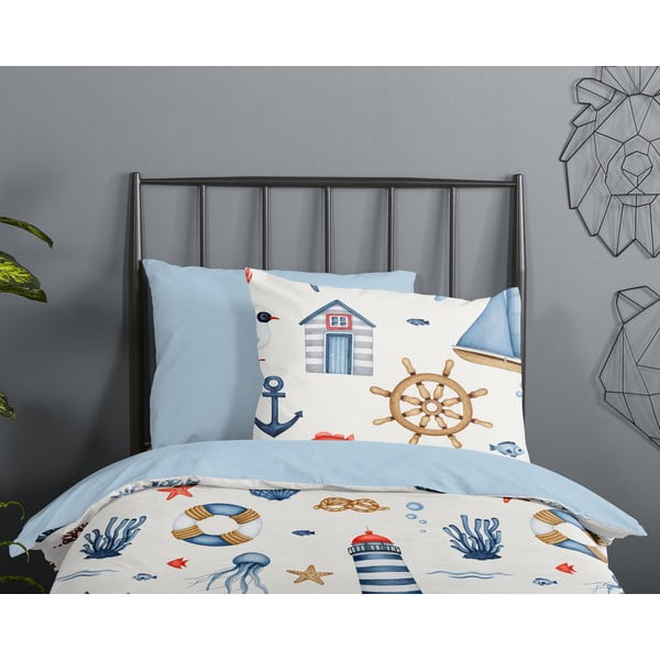 Sinine-kreem puuvillane laste voodipesu võrevoodile 100x135 cm Ahoy - Good Morning-image-2