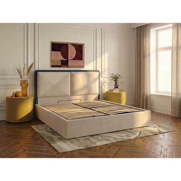 Sinine/beež polsterdatud kaheinimesevoodi panipaigaga ja liistudest raamiga 180x200 cm Mara - Bobochic Paris-image-2