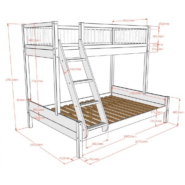 Valge pöögipuidust laste narivoodi koos voodipõhjaga 140x200/90x200 cm Forrest - Vipack-image-2