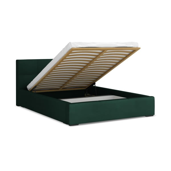 Tumeroheline sametist polsterdatud kaheinimesevoodi panipaigaga, koos liistudega 140x200 cm Hiko – Makamii-image-1