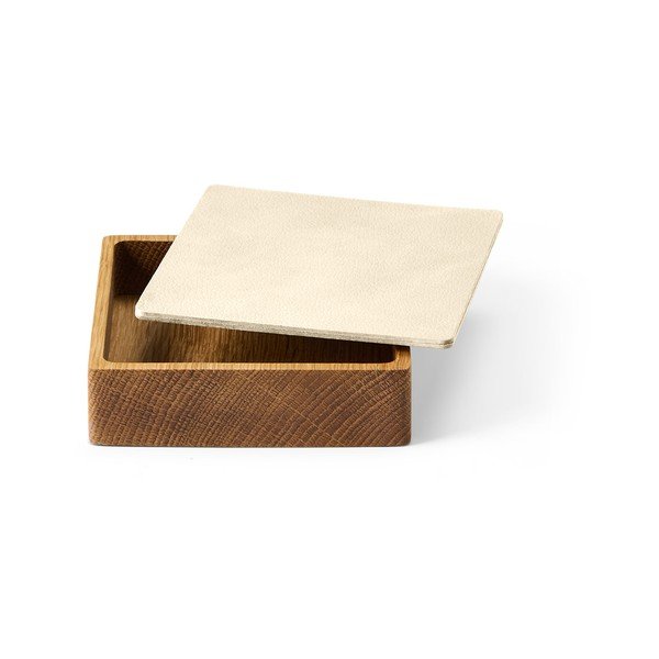 Kreem puidust/öko-nahast dekoratiivne hoiukarp koos kaanega 11x11x3,5 cm Square Nupo - LIND DNA-image-1