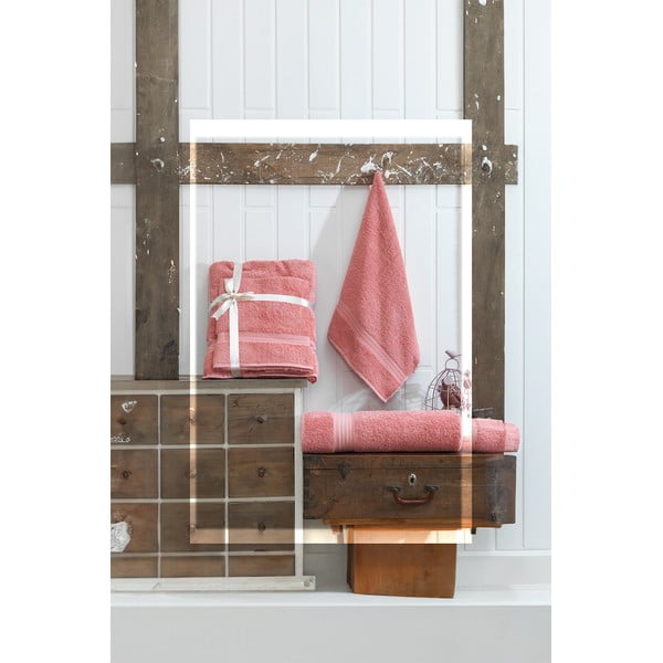 Roosa puuvillaste froteerätikute ja saunalina komplekt - Foutastic-image-2