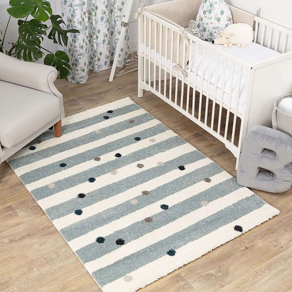 Valge ja sinine antiallergeenne lastevaip 230x160 cm Stripes nad Dots - Yellow Tipi-image-3