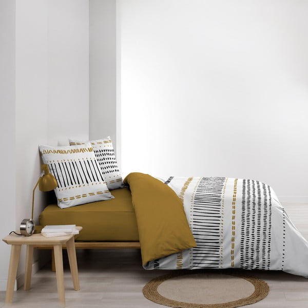 Kollane-valge puuvillane kaheinimese voodipesu/pikendatud 240x220 cm Chicago - douceur d'intérieur-image-1