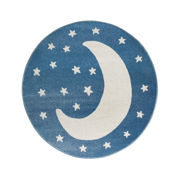 Modrý kulatý koberec s motivem měsíce KICOTI Blue Moon, ø 133 cm