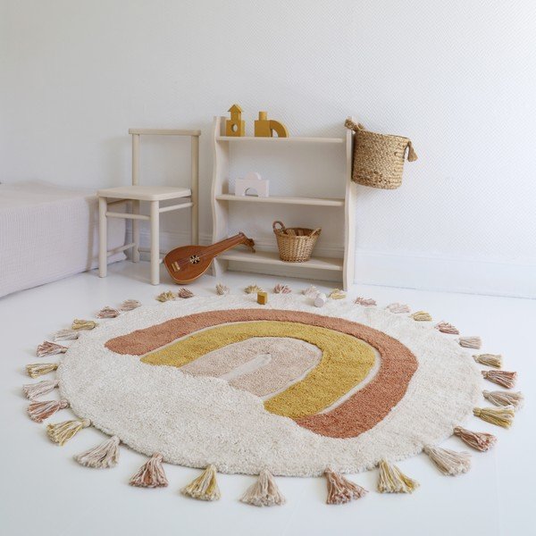 Tellisevärvi-kreem käsitsi kootud puuvillane pestav laste vaip ø110 cm Rainbow Toffee - Nattiot-image-3