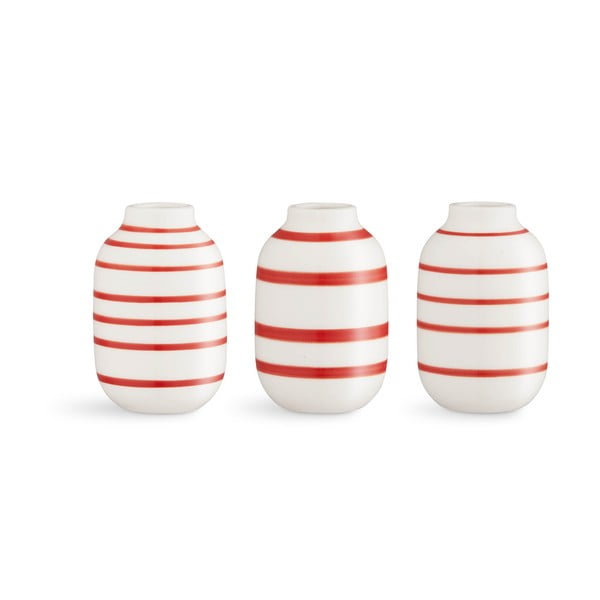 3 miniatuurse valge ja punase triibuga portselanist vaasi komplekt. Omaggio - Kähler Design