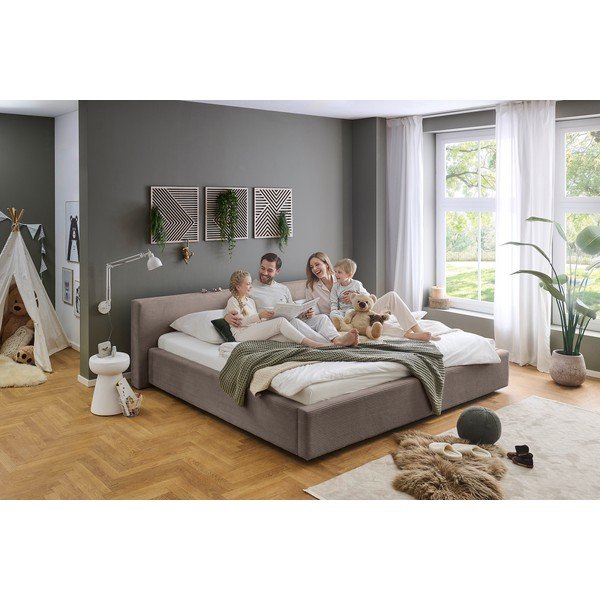 Taupe polsterdatud kaheinimesevoodi panipaigaga ja liistudest raamiga 200x240 cm Cube - Meise Möbel-image-2
