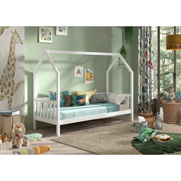 Valge majakujuline männi täispuidust lastevoodi koos voodipõhjaga 90x200 cm Cabane – Vipack-image-1