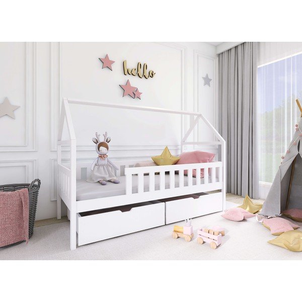 Valge mändpuidust majakujuline lastevoodi koos hoiuruumiga ja võrega 70x160 cm Domi – Lano Meble-image-2
