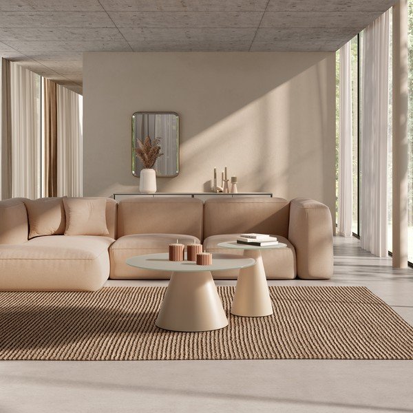 Kreem ümmargune kohvilaud klaasist pealispinnaga, 2 tk komplektis ø 80 cm, Vida - MOME-image-1