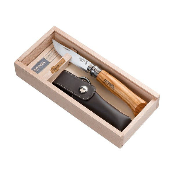 Dárkový set - skládací nůž Inox no.8 Olive a kožené pouzdro