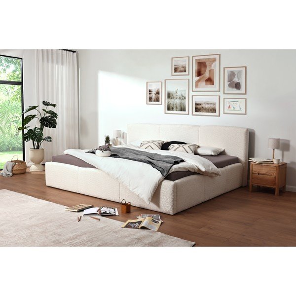 Elevandiluu värvi polsterdatud kaheinimesevoodi panipaigaga ja liistudest raamiga 200x240 cm Merida - Meise Möbel-image-1