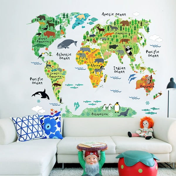Laste seinakleebis Maailma kaart, 73 x 95 cm Animals of the World - Ambiance-image-1