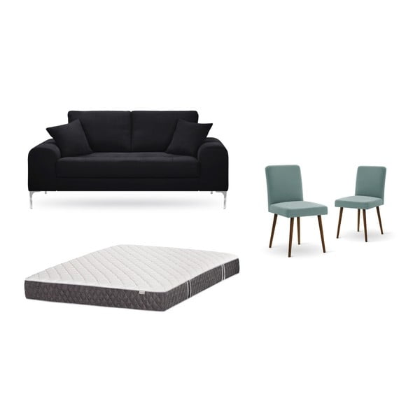 Set dvoumístné černé pohovky, 2 šedozelených židlí a matrace 140 x 200 cm Home Essentials