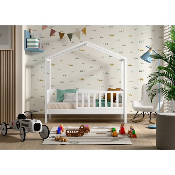 Valge majakujuline männi täispuit lastevoodi koos voodipõhjaga 70x140 cm DALLAS – Vipack-image-1