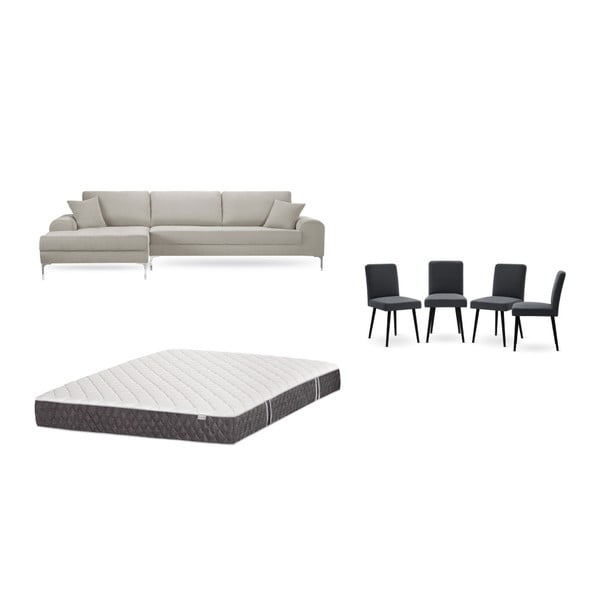 Set krémové pohovky s lenoškou vlevo, 4 antracitově šedých židlí a matrace 160 x 200 cm Home Essentials