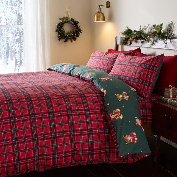 Punane/tumeroheline üheinimesevoodipesu 150x120 cm Christmas Tartan Teddy Bear - Catherine Lansfield-image-1