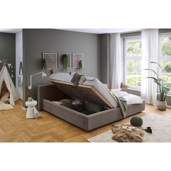 Taupe polsterdatud kaheinimesevoodi panipaigaga ja liistudest raamiga 200x240 cm Cube - Meise Möbel-image-1
