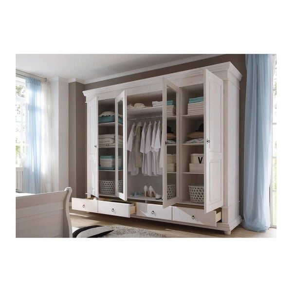 Bílá čtyřdveřová šatní skříň z borovicového dřeva SOB Harald-image-1