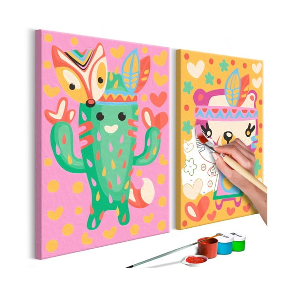 DIY set na tvorbu vlastního dvoudílného obrazu na plátně Artgeist Cactus & Bear, 33 x 23 cm