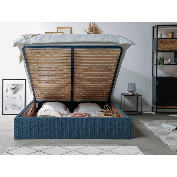 Sinine polsterdatud kaheinimese voodi, millel on riiulid 160x200 cm ja panipaik Adele - Bobochic Paris-image-3