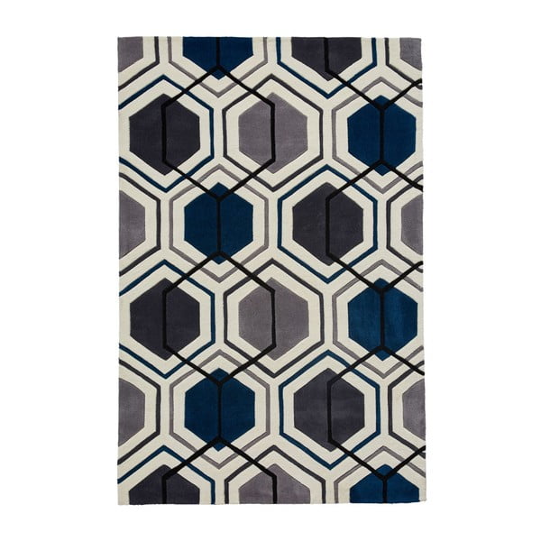 Hall sinine käsitsi tupsutatud vaip Hong Kong Hexagon Grey &Navy, 150 x 230 cm - Think Rugs