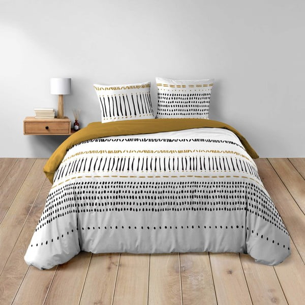 Kollane-valge puuvillane kaheinimese voodipesu/pikendatud 240x220 cm Chicago - douceur d'intérieur