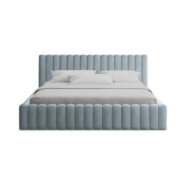 Helesinine polsterdatud kaheinimesevoodi panipaigaga ja liistudest raamiga 180x200 cm Lemi - Makamii-image-4