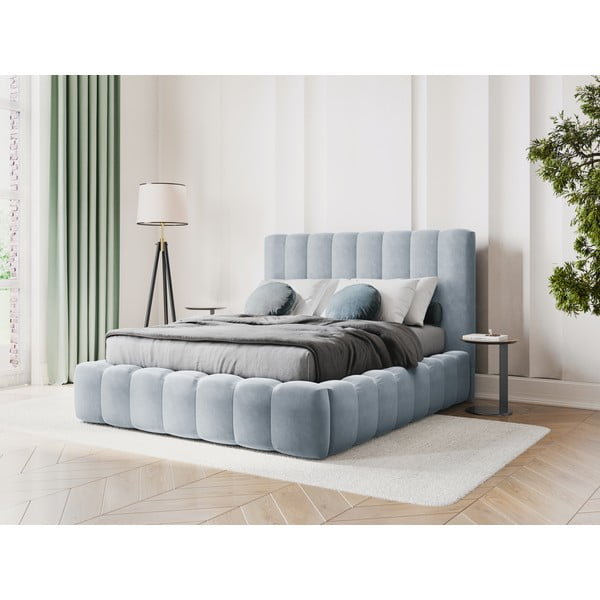 Helesinine polsterdatud kaheinimese voodi, millel on riiulid 160x200 cm ja panipaik Kelp - Micadoni Home-image-1