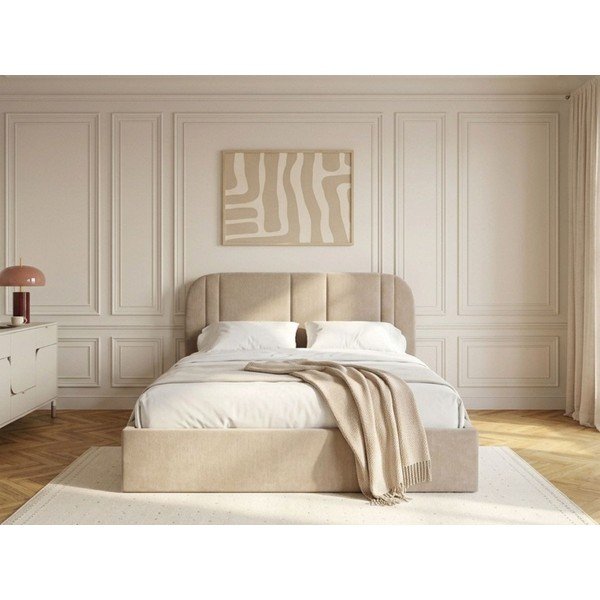 Beež polsterdatud kaheinimesevoodi panipaigaga ja liistudest raamiga 160x200 cm Sidney - Bobochic Paris-image-2